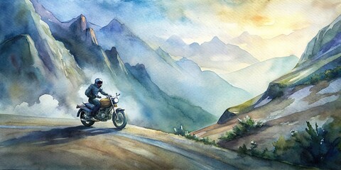 Dynamic motorcycle ride through mountainous landscape watercolor, adventure, thrill, scenic, nature, activity, vehicle, journey, speed, excitement, outdoors, travel, vibrant, colorful