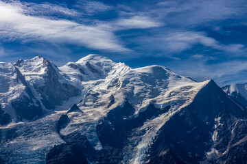 Chamonix Montblanc beautiful alpine mountain summits landscape. Alps mountains with snow and glacier above green valley of Chamonix in France. Alps beautiful scenery in summer