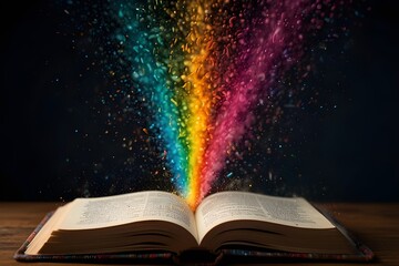 Literary Luminescence: Book Release Illuminated by Colorful Particles, AI-generated image of amazing book with colorful particles and technology. Book Launch with Colorful Particles. 