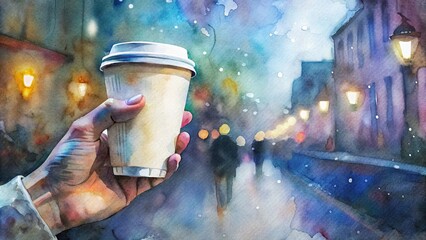 Blank paper coffee cup held by man's hand with street background and cafe lights , mockup, cafe, restaurant, street, lights, craft, brown paper cup, black cap, watercolor, design, empty, blank