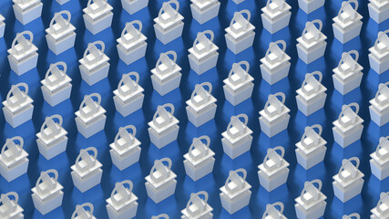 Top view of many advertising white cardboard POS displays with round toppers. 3d illustration on blue background