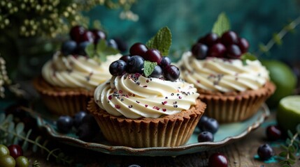  Two cupcakes with white frosting and fresh berries on a plate with a nearby bunch of grapes - Powered by Adobe
