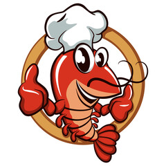 cute shrimp vector mascot illustration logo giving two thumbs up in chef hat, work of hand drawn