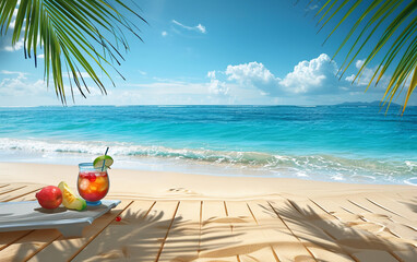 A pristine sandy beach with a stunning view of the blue ocean, a fruity cocktail on a sun lounger, and palm fronds gently swaying in the breeze