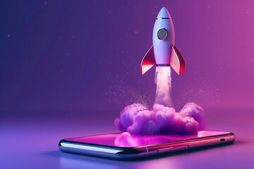 Rocket Launch from Mobile Phone Screen on Purple Background