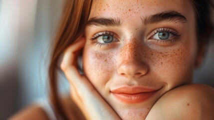 A close up of a woman with freckles and red hair, AI