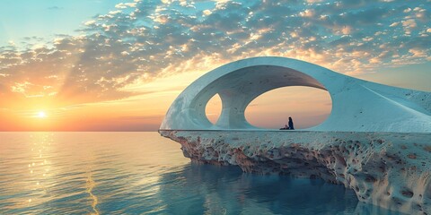 Obraz premium crazy impressive landscape with modern architecture, sunset over the sea with a lonely figure, surreal rocky landscape with ocean in a calming mood
