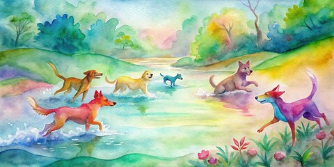 Watercolor of a spring pet-friendly run with vibrant colors and pets playing in the water, spring, pet-friendly, run, watercolor,vibrant, colors, pets, playing, water, outdoors, park