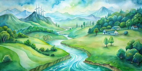 Vibrant watercolor of lush green landscapes with flowing rivers and sustainable energy sources, environment, eco-friendly, conservation, renewable energy, sustainability, nature