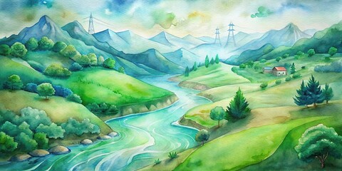 Vibrant watercolor of lush green landscapes with flowing rivers and sustainable energy sources, environment, eco-friendly, conservation, renewable energy, sustainability, nature