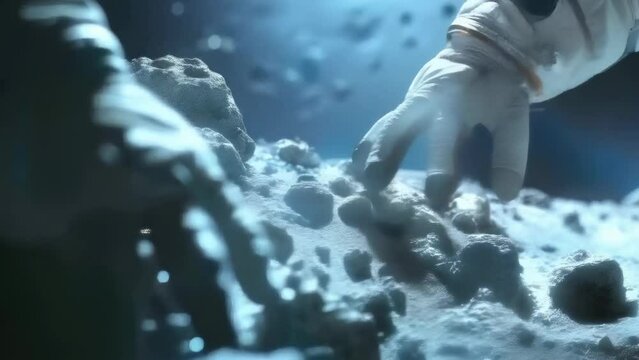 Two astronauts in space suits investigate a rocky surface in outer space, focusing on texture and composition. Their gloved hands examine the terrain under dim, bluish light, suggesting a deep