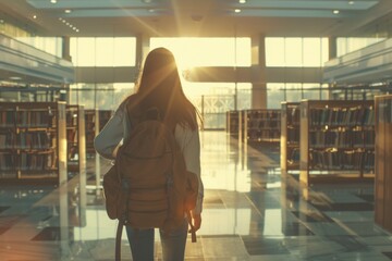 Student with a backpack standing library studying university campus scholarship internship study exam week college international programme erasmus school young academic books graduation education