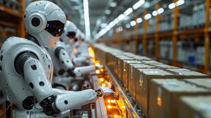 Robots working in a factory with boxes on the conveyor belt, AI