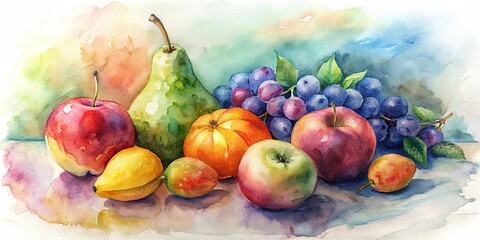 Sketch of various fruits with vitamins, promoting a healthy and organic diet with watercolor effect , fruits, vitamins, diet, health, nutrition, drawing, food, organic, still life