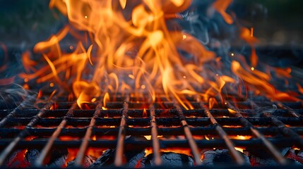 Empty flaming grill grates with open fire, ready for product placement. Background for grilled food with fire.