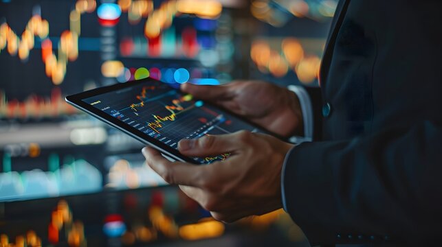 Business analyst using tablet to study financial graphs, stock market data, and economic growth charts on virtual screen