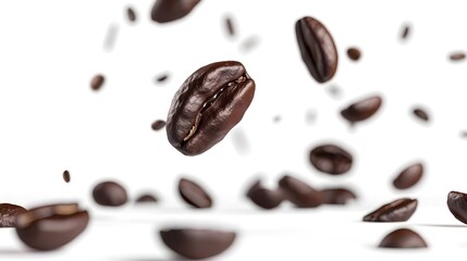 Obraz premium Falling coffee beans on white background