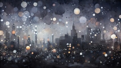 Bokeh lights and grey confetti on black background, city night lights, generative watercolor, silver, white, raining light, blurry lights, blurry background, grey confettis