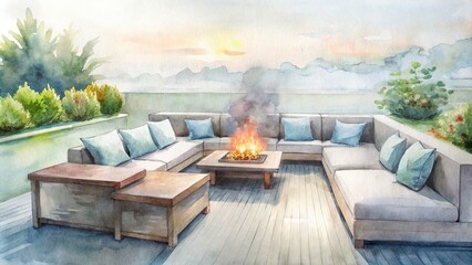 Contemporary outdoor lounge set with modular seating, weather-resistant materials, and fire pit, creating an inviting retreat for relaxation and entertainment , outdoor, lounge set