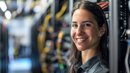 Smiling Woman in Front of Server Rack