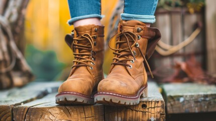 A close up of a person wearing boots standing on top of some wood, AI