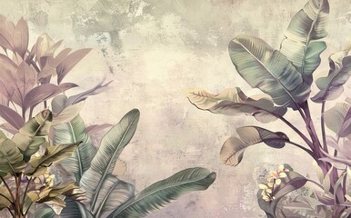 Illustration of tropical wallpaper print design with palm leaves, birds and texture. Exotic plants and birds on textured background. AI generated illustration