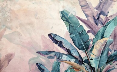 Illustration of tropical wallpaper print design with palm leaves, birds and texture. Exotic plants and birds on textured background. AI generated illustration