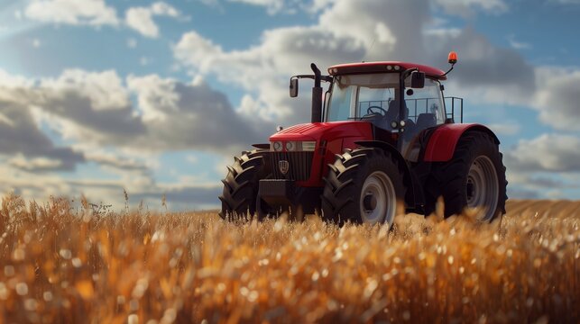 Red Tractor Harvesting Wheat Field