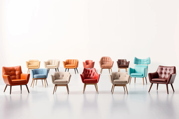Collection of midcentury modern arm chairs in various colors isolated on a white background