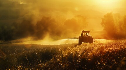 Tractor Driving Through Field at Sunset