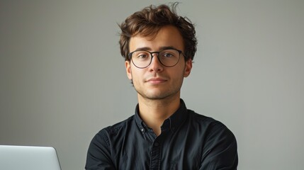 Obraz premium Man With Glasses at Laptop