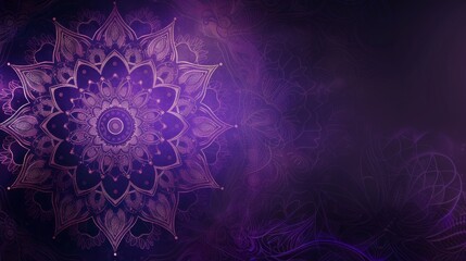 A deep purple background with a complex silver mandala