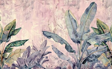 Illustration of tropical wallpaper print design with palm leaves, birds and texture. Exotic plants and birds on textured background. AI generated illustration