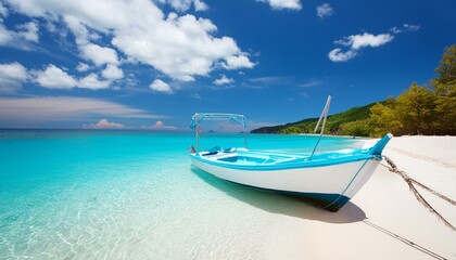 Fototapeta na wymiar old abandoned boat on beach painted with bluish white paint in tropical beach paradise as summer landscape with white sand beach, clear blue cloudy sky, calm sea