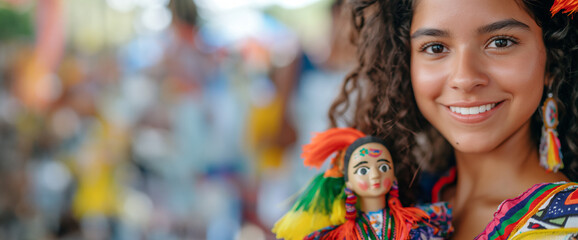 Fototapeta premium Smiling woman with a doll wearing a colorful traditional dress and a decorated straw hat. Festive and cultural theme. Design for banner with copy space, poster, and invitation.