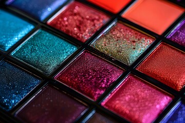 Fototapeta premium Close-up view of a vibrant and textured multi colored eyeshadow palette with rich hues and flawless surface. Generative AI