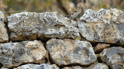 Obraz premium A rock fence with small openings and varying heights provides a natural habitat for lizards and other small reptiles.
