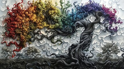   Painting of a Rainbow Tree in Cloudy Sky