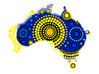 Blue and yellow pattern on black background, Australian dot-painting