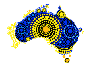 Blue and yellow pattern on black background, Australian dot-painting