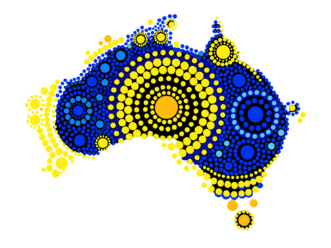 Blue and yellow pattern on black background, Australian dot-painting