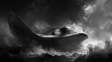   A monochrome image of a manta ray with rays extending from its body, appearing to be emitting light