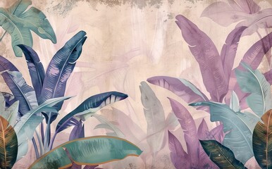 Illustration of tropical wallpaper print design with palm leaves, birds and texture. Exotic plants and birds on textured background. AI generated illustration