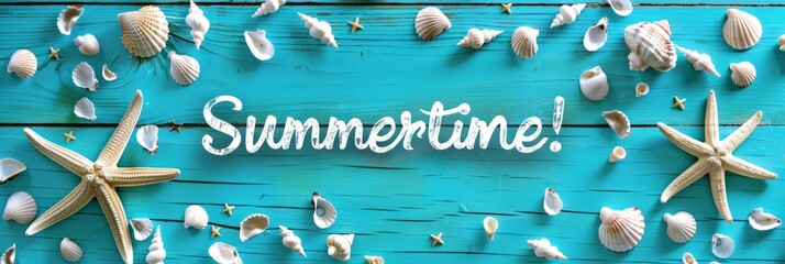 Summertime handwritten font with seashells and starfish on wooden pastel blue background.