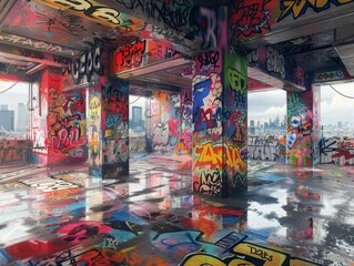 Fototapeta premium Artistic 3D depiction of an urban setting transformed by graffiti and street art, with vibrant spray-painted murals and tags covering walls and surfaces, capturing the raw energy and creativity of
