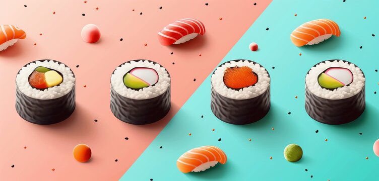 Minimalist sushi emoji wallpaper with bold colors and clean abstract patterns, sleek and stylish for contemporary device backgrounds