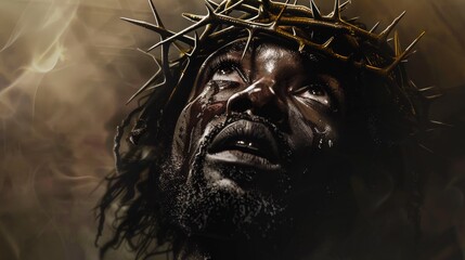 Portrait of a black man with a bloody face and a crown of thorns on his head, looking up