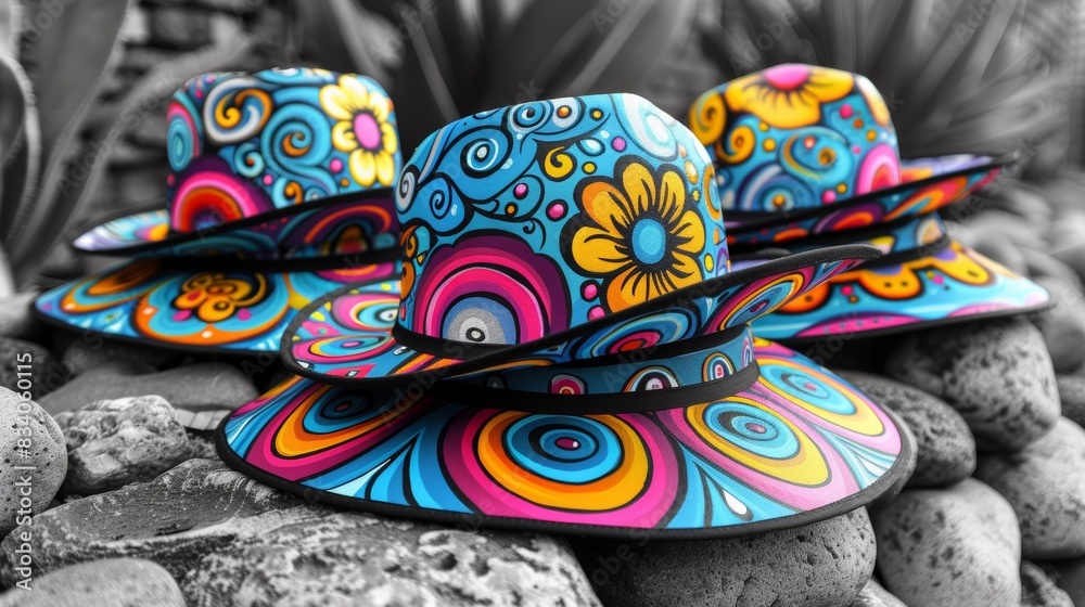 Canvas Prints A group of three hats sitting on top of a pile of rocks, AI