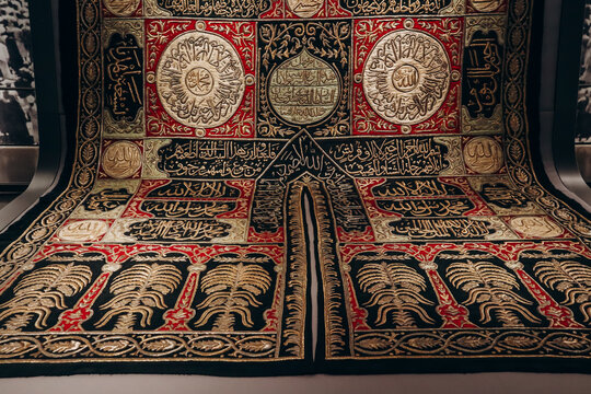 Doha, Qatar - 1 May 2024: Sitara (door textile) of the Ka'ba, made for Sultan Absulmecid, Egypt, Cairo. Ottoman perion, dated 1263 AH (1846-1847 CE). Embroidered metal threads on silk