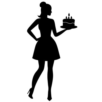 recommend clip art: a high-resolution vector silhouette of a realistic woman, a slim beautiful girl standing with holding a birthday cake with hands and smiling